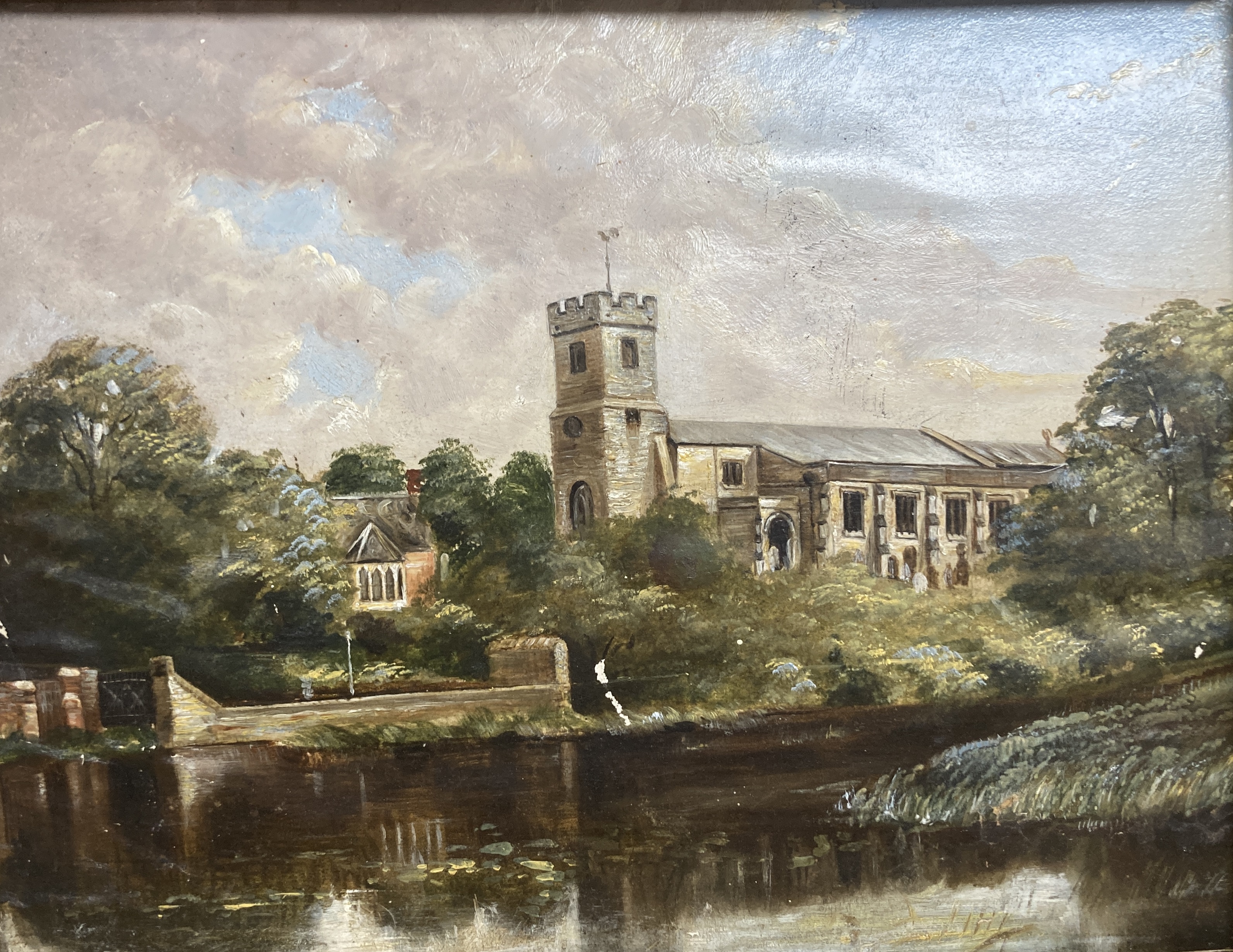 B.A. Richmond, oil on canvas, 17th century style Dutch river landscape, 30 x 60cm, an oil of a riverside church, c.1900 and a small watercolour of a cottage